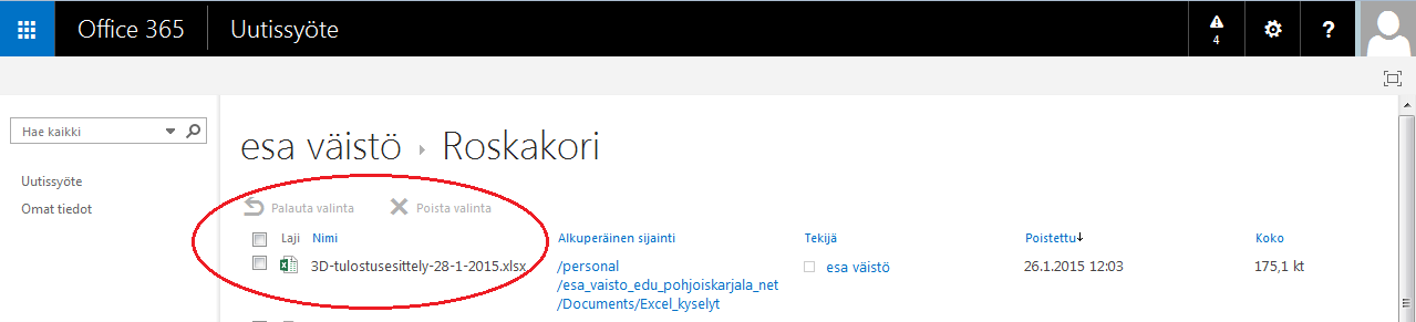 11 Klikkaamalla yksittäistä poistettua tiedostoa ja laittamalla täppä ruutuun, tai valitsemalla kaikki kerralla voit palauttaa tiedoston/t klikkaamalla Palauta valinta.