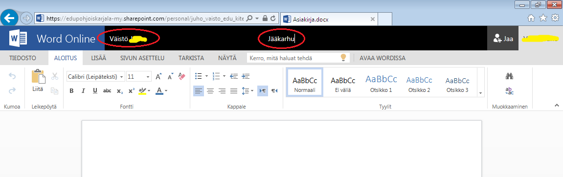 7 Uusi kansio/uusi tiedosto Kun klikkaat uusi Word-asiakirja, järjestelmä avaa tiedoston Web-liittymässä.