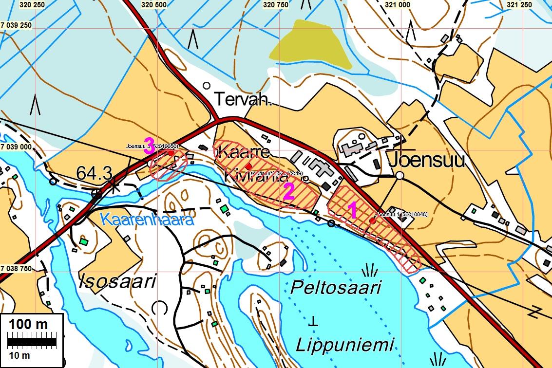 Kivikautiset asuinpaikat Joensuu 1, 2 ja 3. Muinaisjäännösrajaukset 2.9.2014.