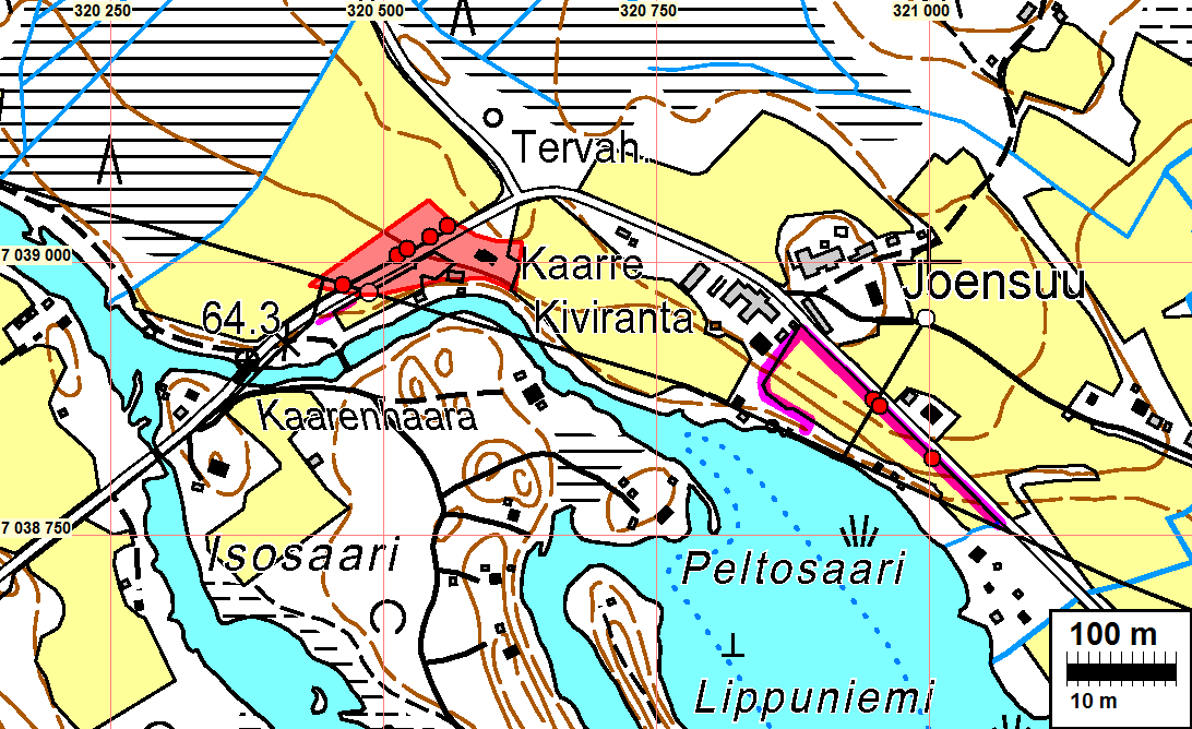 3 Yleiskartat Löytöhavainnot punaisin palloin. Joensuu 3 (itäisin) arvioitu rajaus punaisella.