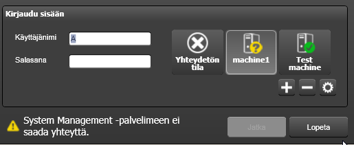 Symbolit SMServer-painikkeiden päällä näyttävät yhteyden tilan, onko palvelimeen yhteyttä vai ei.