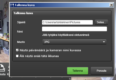 Yksittäistä kuvaa tallennettaessa käyttäjä voi määritellä tallennushakemiston, kuvan nimen ja formaatin. On mahdollista valita, tallennetaanko päivämäärä ja aikaleima kuvaan.