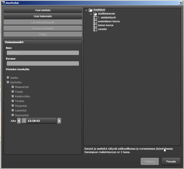 Asettelujen hallinointinäkymässä käyttäjä voi luoda uusia asetteluja ja kansioita. Uuden asettelun luonti tapahtuu seuraavasti.