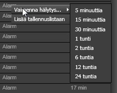 Usein käytetyt näppäimistön pikavalinnat: Pikavalinta Kuvaus F5 Kohdistaa fokuksen ensimmäiseen hälytykseen listalla Ctrl+F5 Näytä / Piilota hälytyslista Enter Avaa hälytyksen laitteet