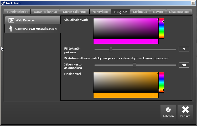 Camera VCA visualization -kohdassa voidaan kontrolloida liikekorostuksen ja liikkeen hännän piirtovärejä ja hännän piirron pituutta sekunneissa.