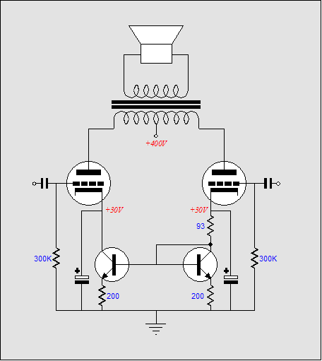 TAMPEREEN AMMATTIKORKEAKOULU TUTKINTOTYÖ 13 (32) Katodibiasoinnin yhteydessä on virtapeili molemmilla putkipareilla. Tämä on toteutettu kahdella 2N3004-transistorilla.