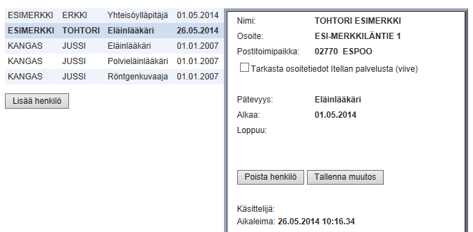 Suomen Kennelliitto ry. 26.5.2014 10(19) Eläinlääkäriä ei löydy Mikäli tietokannasta ei löydy henkilöä, johon annettu eläinlääkärinumero sekä sukunimi täsmäävät, ohjelma antaa siitä ilmoituksen.