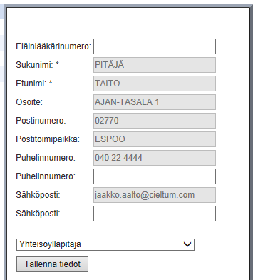 Suomen Kennelliitto ry. 26.5.2014 13(19) Yhteisöylläpitäjän pätevyys tulee oletuksena. Tiedot talletetaan painamalla Tallenna tiedot-painiketta.