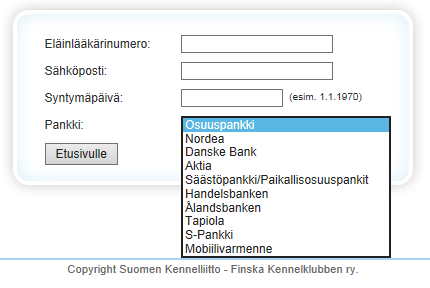 Suomen Kennelliitto ry. 26.5.2014 5(19) Eläinlääkäri, ei jäsen Ennen ensimmäistä käyttökertaa tulee rekisteröityä palvelun käyttäjäksi kirjautumissivulla olevan linkin kautta.