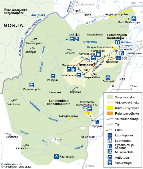 13 Kuvio 2 Lemmenjoen kansallispuiston palvelut Poronhoito on tärkeä osa saamelaiskulttuuria. Lemmenjoen kansallispuistosta suurin osa kuuluu Sallivaaran paliskuntaan.