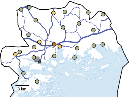 5.4 Inkoo Ingå Typenoksidit Hiukkaset Rikkidioksidi Hiilimonoksidi VOC-yhdisteet t % t % t % t % t % Energiantuotanto 1624 94 81 74 1423 100 58 17 33 28 Autoliikenne 69 4 4 4 0,1 281 83 27 24 Satama