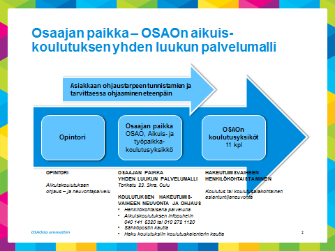 vahvistettu neuvonnan ja ohjauksen merkitystä laadukkaan aikuiskoulutuksen kokonaispalveluprosessin kannalta. Kehittämistyön tuloksena Osaajan paikka palvelumalli 5.2.