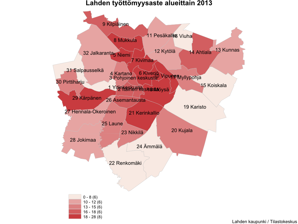 17 Työttömyysaste Lahdessa Alueittain 213 Tilastollinen kaupunginosa Kerinkallio 27,5 Mukkula 24,3 Kiveriö 22,3 Niemi 2,4 Möysä 19,9 Kivimaa 19,6 Vipunen 18,4 Kärpänen 18,2 Itäinen keskusta 17,8 Y