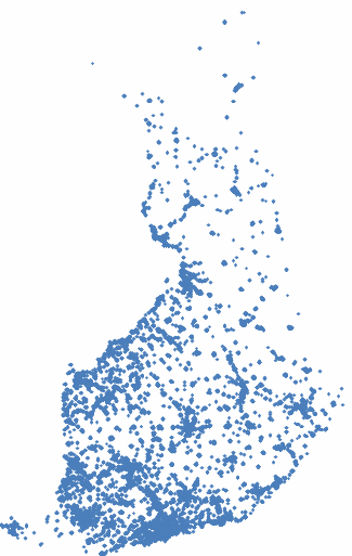 Valokuituprojektio vuoteen 2015 Taajamaruutujen sijoittuminen kartalle Taajamaruudut kattavat noin 84,5% Suomen kotitalouksista ja 81,3% väestöstä Kahden kilometrin etäisyydellä taajamista asuu