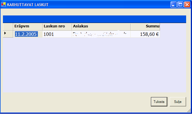 Tulosta nappia kaikki tässä listatut laskut tulostetaan varustettuna karhulaskun huomautusteksteillä. Karhulaskun tulostus voidaan merkitä automaattisesti laskun historiatietoihin.