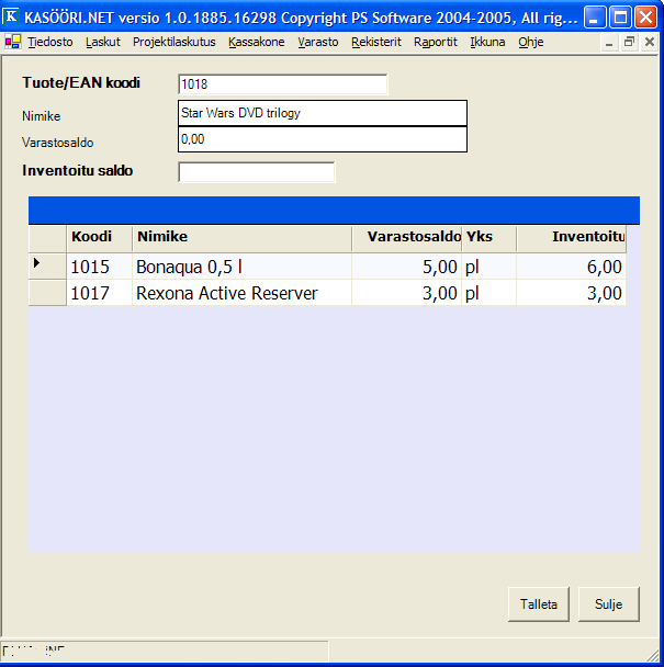 Inventaario-Syötä inventaario Ruudulta syötetään Inventaariolistalta tuotekoodit ja varastosta inventoidut saldot. Lista talletetaan painamalla Talleta näppäintä.