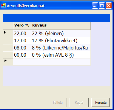 Arvonlisäverokannat Toiminnolla ylläpidetään järjestelmän arvonlisäverokantoja. Mikäli jokin kanta muuttuu, niin muutos tehdään muokkaamalla kyseistä riviä.