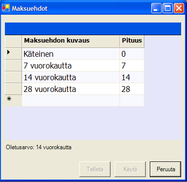 Maksuehdot Toiminnolla ylläpidetään järjestelmän maksuehtoja. Maksuehto valitaan oletukseksi valitsemalla se ja painamalla hiiren oikeaa näppäintä.