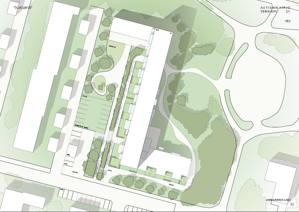 5.2 KOTIPESÄ, VE 2 Ratkaisu ottaa huomioon ympäristön mittakaavallisesti. Puisto ja tontin piha-alue yhdistyvät visuaalisesti itäpuolella.