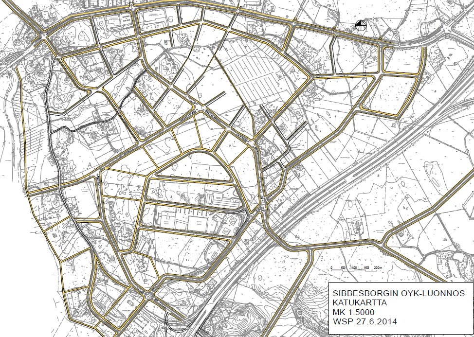 Kuva x. Sibbesborgin tarkempi katuverkko (iite 9a). Osayleiskaavan mukainen katuverkko on pääosin uutta, mutta tukeutuu nykyiseen tiestöön.