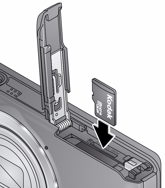 MICROSD- tai SDHC-kortin (lisävaruste) käyttäminen Kamerassa on sisäinen muisti. Suosittelemme ostamaan MICROSD- tai SDHCkortin (vähintään luokka 4), johon voi tallentaa enemmän kuvia ja videoita.