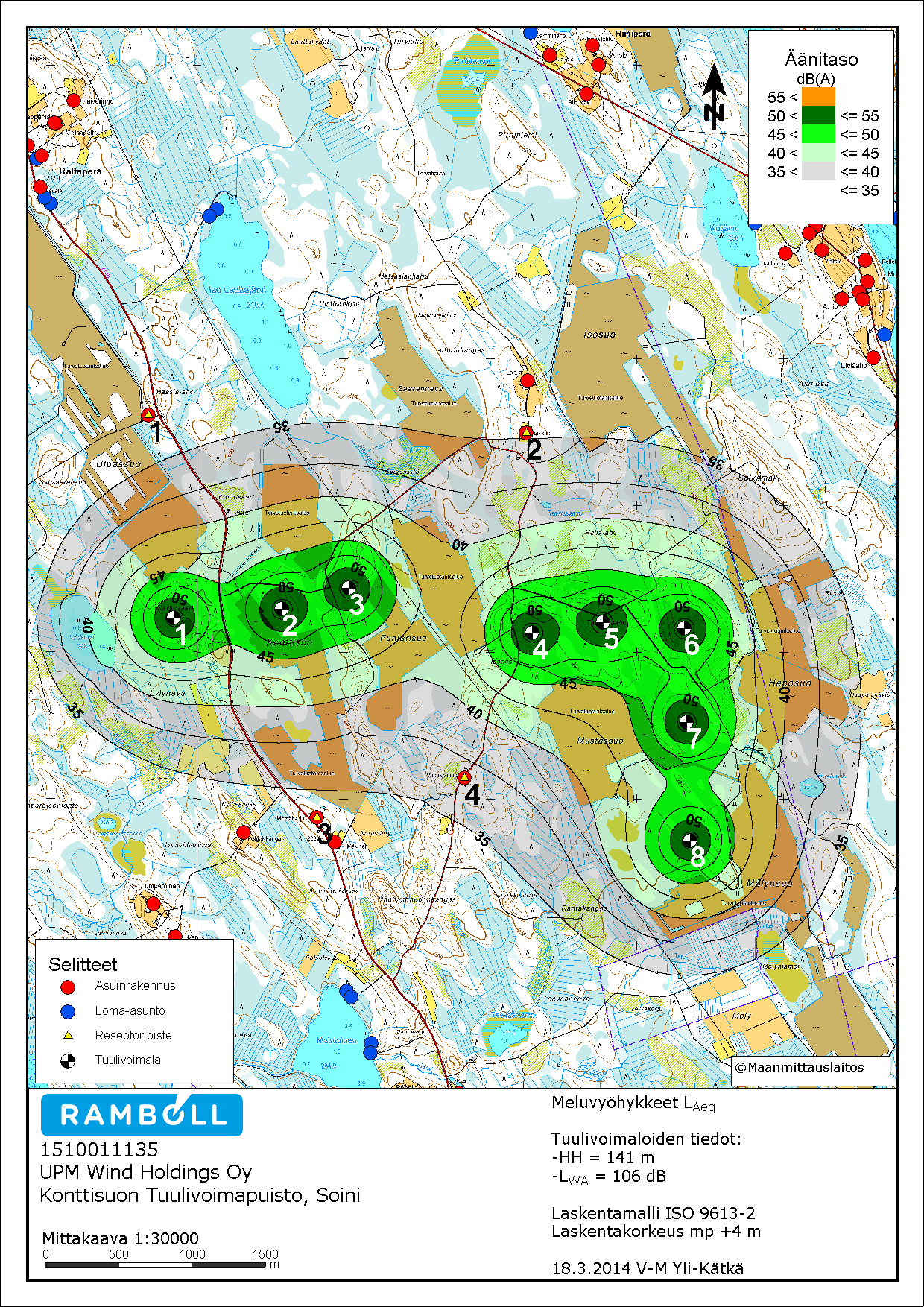 1-39 4.4.5 Mallinnetut melutasot ja vertailu suunnitteluohjearvoihin Suunnittelualueen ympäristön eniten melulle altistuvat kohteet on esitetty kuvassa 4-5 ja melutasot ko.