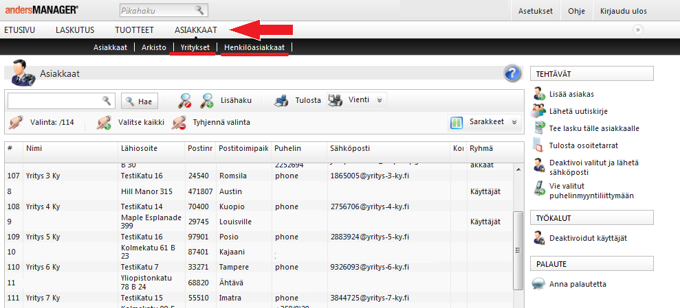 ASIAKKAAT ASIAKKAIDEN LISTAAMINEN Järjestelmän vaaleassa yläpalkissa on kohdat Etusivu, Laskutus, Tuotteet, Asiakkaat ja Viestit.