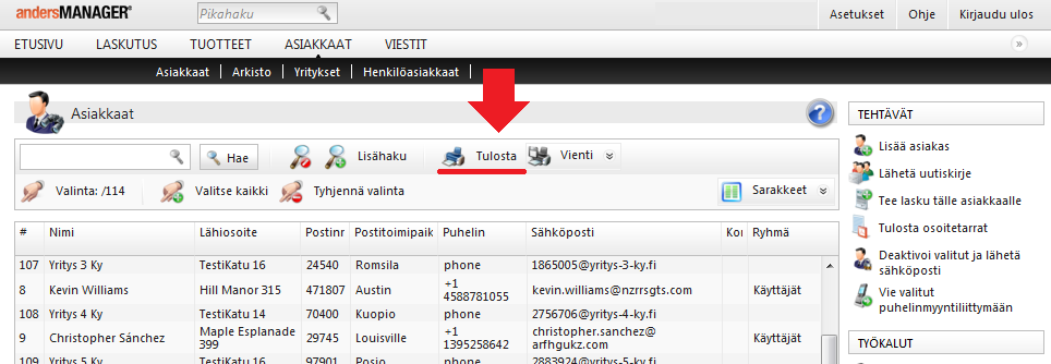 ASIAKASREKISTERIN TULOSTAMINEN Etusivu > Asiakkaat > Tulosta