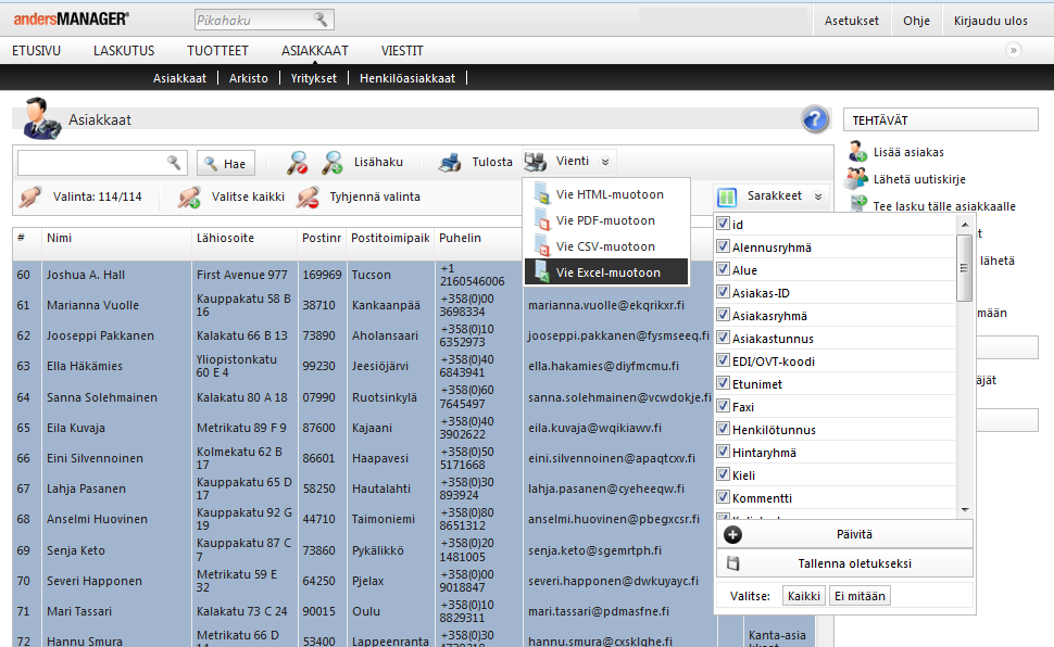 ASIAKASREKISTERIN VIENTI TIEDOSTOON Etusivu > Asiakkaat > Sarakkeet > Vienti Asiakasrekisterin tiedot voi viedä tiedostoon.