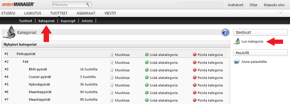 TUOTEKATEGORIOIDEN HALLINTA Etusivu > Tuotteet > Kategoriat Tuotteilla voidaan määritellä tuotekategorioita.