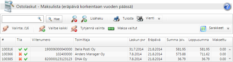 OSTOLASKUJEN SELAUS Anders Managerissa olevia ostolaskuja on mahdollista selata laskun tilan mukaan kohdasta Ostolaskut > Selaa. Ostolaskuja voi selata seuraavissa näkymissä. Kaikki ostolaskut.