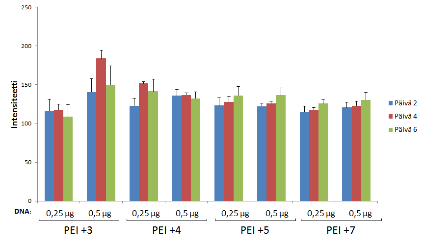 Kuva 9. Transfektoituneiden solujen keskimääräinen lukumäärä. Arvot kuvatulla alueella seitsemän päivän mittausjaksolta päivinä 2, 4 ja 6.