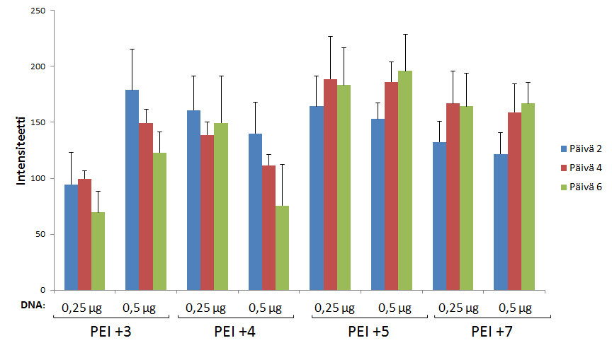 määrä 0,25 µg ja 0,5 µg. Parhaan ilmentymisen antoi niukasti PEI-varaussuhde +5, mutta DNA:n määrällä ei ollut geenin ilmentymisen kannalta suurta vaikutusta.