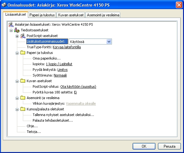 7 Tulostus Lisäasetukset Tältä välilehdeltä löytyvät PostScript-asetukset ja muut monipuoliset toiminnot tulostustyön ohjelmointiin.