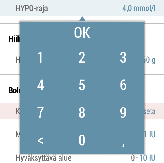 3.3.1.3 HYPO-raja 1. Napauta kohtaa HYPO-raja ja aseta henkilökohtainen hyporajasi. 2. Napauta OK tallentaaksesi asettamasi arvon. 3.3.2 Hiilihydraatit 3.3.2.1 Hyväksyttävä alue 1.