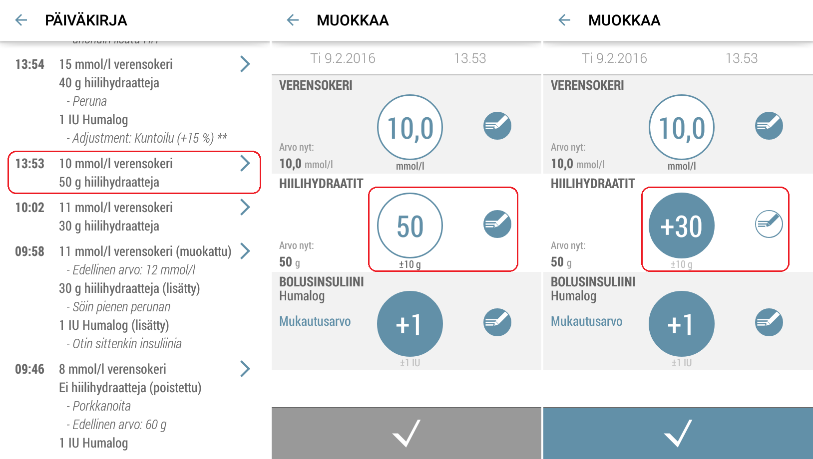 3.4.5.2 Tiedon poistaminen Voit poistaa lisäämiäsi tietoja päiväkirjanäkymässä. 1. Napauta kyseisen lisäyksen oikealla puolella olevaa nuolta. 2. Poistaaksesi syötteestä tietyn arvon (esim.