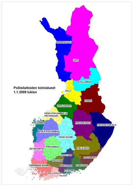 PORA I - Paikallispoliisin rakenneuudistus 1.1.2009 lukien: 90 poliisilaitoksesta 24:ään.