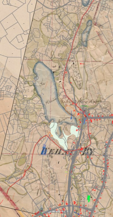 Oikealla on vuoden 1845 pitäjänkarttaa pohjana käyttäen asemoitu nykyisestä tiesuunnitelmaa (uudet tiet