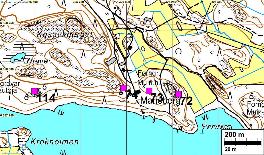 22 INKOO 74 MARIEBERG 3 Mjtunnus: 149010011 Ajoitus: Laji: varhaismetallikautinen hautapaikat: hautaröykkiöt Koordin: N 6657 906 E 325 986 Z: 20 X 6656 606 Y 2493 343 P 6660 702 I 3326 085 Tutkijat: