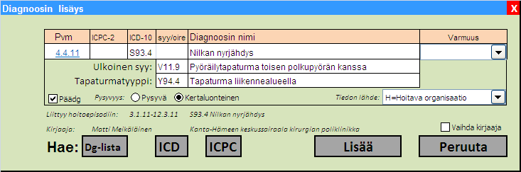 Diagnoosin päättymisen syy koodataan käyttäen Uusi määrittelemätön luokitus: (Ehdotus: Parantunut / Tarkentunut / Virheellinen tieto / Muu syy) * Luokitus tuotettava koodistopalvelimelle. 5.1.2.