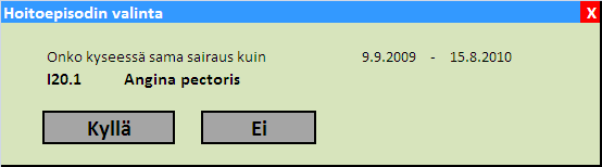 Kuva 16. Episoditunnuksen avulla voidaan yhdistää myös (näennäisesti) eri diagnoosikirjaukset samaan kokonaisuuteen.