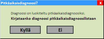 6. Ylläpidettävät asiakirjat tietosisällöt ja toiminnalliset vaatimukset 6.1. Pitkäaikaisdiagnoosit 6.1.1. Pitkäaikaisdiagnoosien tietosisältö Pitkäaikaisdiagnoosien tietosisältö on sama kuin diagnoosilistan.