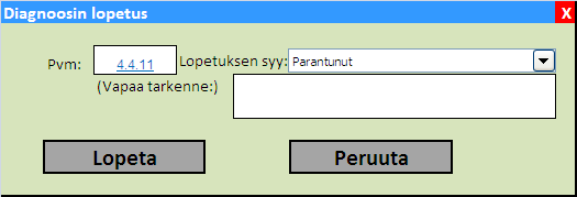 Kuva 25. Pitkäaikaisdiagnoosia muutettaessa vanha pitkäaikaisdiagnoosi merkitään päättyneeksi ja uudelle diagnoosille annetaan vanhan diagnoosin episoditunnus (ei näy kuvassa).