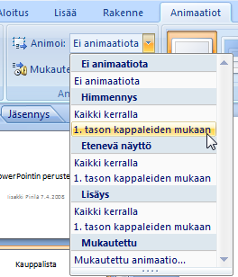 Esitysgrafiikka Microsoft PowerPoint 2007 24/31 Animaatiot ja esittäminen vaiheittain Edellinen siirtymätehoste vaikutti siihen, mitä tapahtuu diojen välillä.