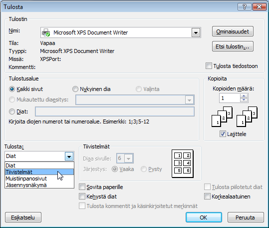 Esitysgrafiikka Microsoft PowerPoint 2007 26/31 Muuta Tulostaminen ja tiivistelmät Saat tulostusvalintaikkunan auki valitsemalla Office-painike Tulosta Tulosta: Tulostimen valinta Valitsemalla