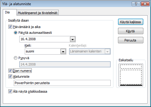 Esitysgrafiikka Microsoft PowerPoint 2007 28/31 Tunnisteiden lisääminen Lisää-välilehden Ylä- ja alatunniste -painikkeella voit lisätä helposti kaikkiin dioihin 1) päivämäärän, 2) dianumeron ja 3)