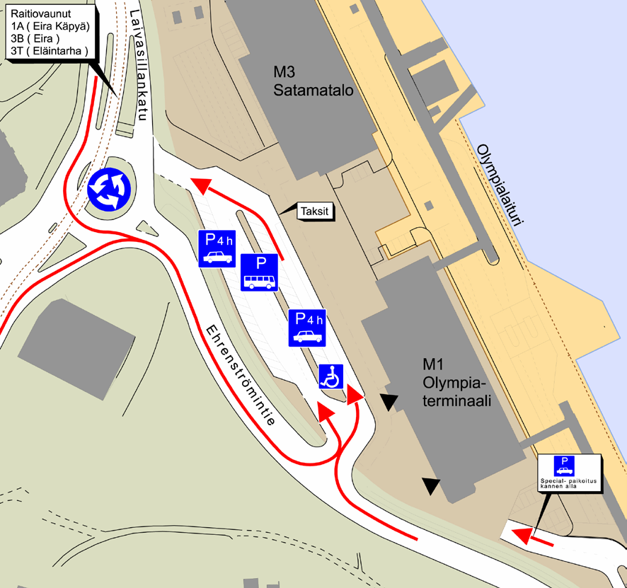 AUTOJEN ODOTUSKAISTAT Kaupunkimittausosasto, Helsinki 2010 There are short-term parking places for passenger cars and buses as well as a taxi rank in the Olympia Terminal s escort traffic area.