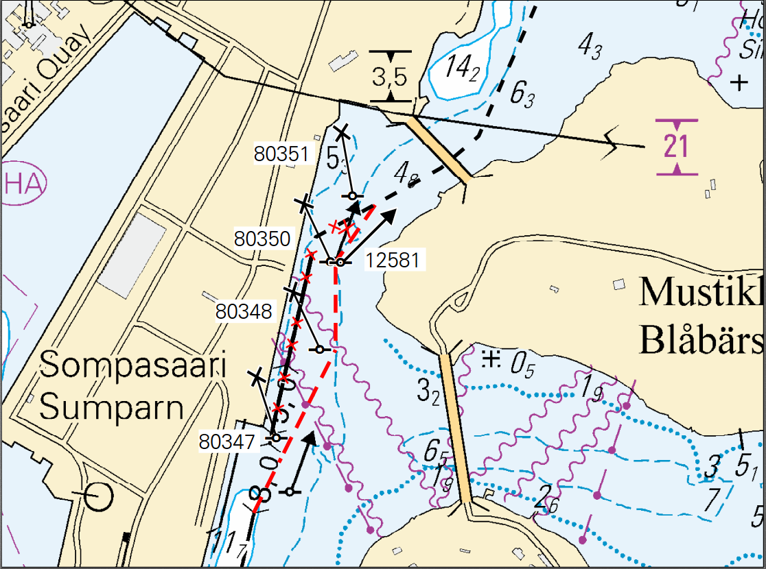 Venereitin keskilinja Båtruttens mittlinje Route centre line: 1.2m 1) 60 10.628 N 24 58.659 E 2) 60 10.759 N 24 58.791 E 3) 60 10.829 N 24 58.791 E 4) 60 10.876 N 24 58.