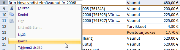 Taulukkolaskenta Microsoft Excel 2007 17/65 Koko taulukon valitseminen Koko taulukon valitseminen onnistuu näppäinkomennolla CTRL + A tai napsauttamalla hiirellä tyhjää taulukon vasemmassa