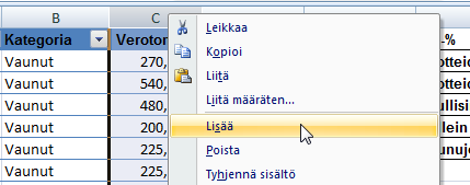 Taulukkolaskenta Microsoft Excel 2007 18/65 HIIREN 2-PAINIKKEELLA (OIKEA) Kuvan esimerkissä lisätään sarakkeen C eteen uusi tyhjä sarake.